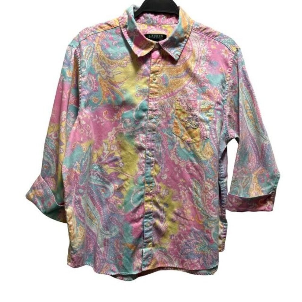 Lauren Ralph Lauren Women's Paisley Button-Up Shirt Size Large Vibrant Colors